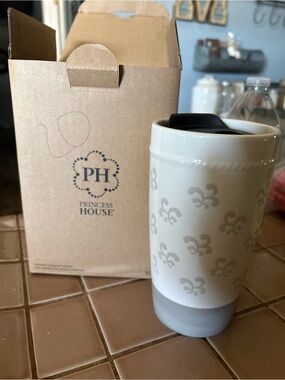 Princess House Cream Ceramic Travel Mug with Gray Base and Black Lid